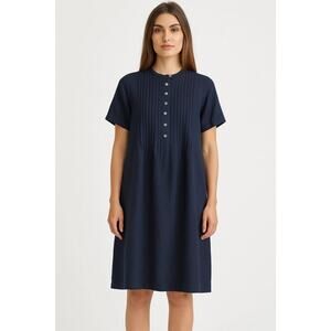 Quince Short Sleeve Linen Shift Swing Dress Navy Blue Pintuck Pleat S Coastal